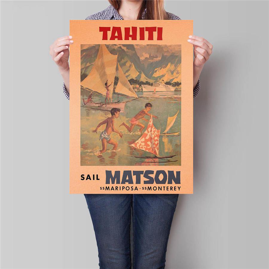 Tahiti City Travel Poster Hand Painted Tourist Attractions Vintage Kraft Paper Poster 42x30cm