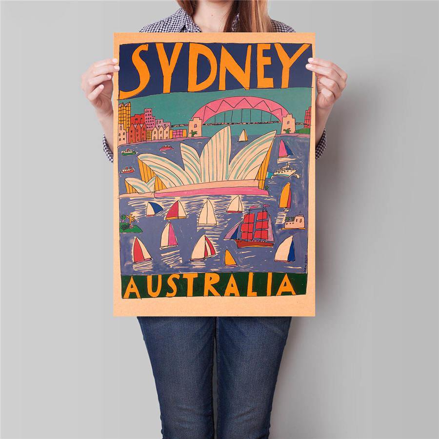 Sydney City Landscape Poster Hand Painted Trip Drawing Wall Art Sticker Poster 42x30cm