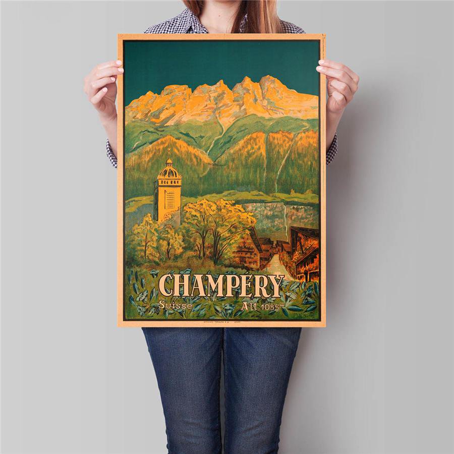 Switzerland City Travel Poster Antique Landscape Painting Vintage Kraft Paper Poster 42x30cm