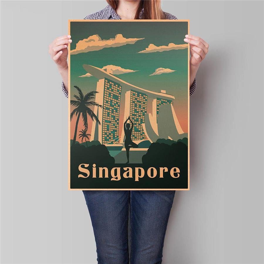 Singapore City Travel Poster Hand Painted Tourist Vintage Kraft Paper Poster 42x30cm