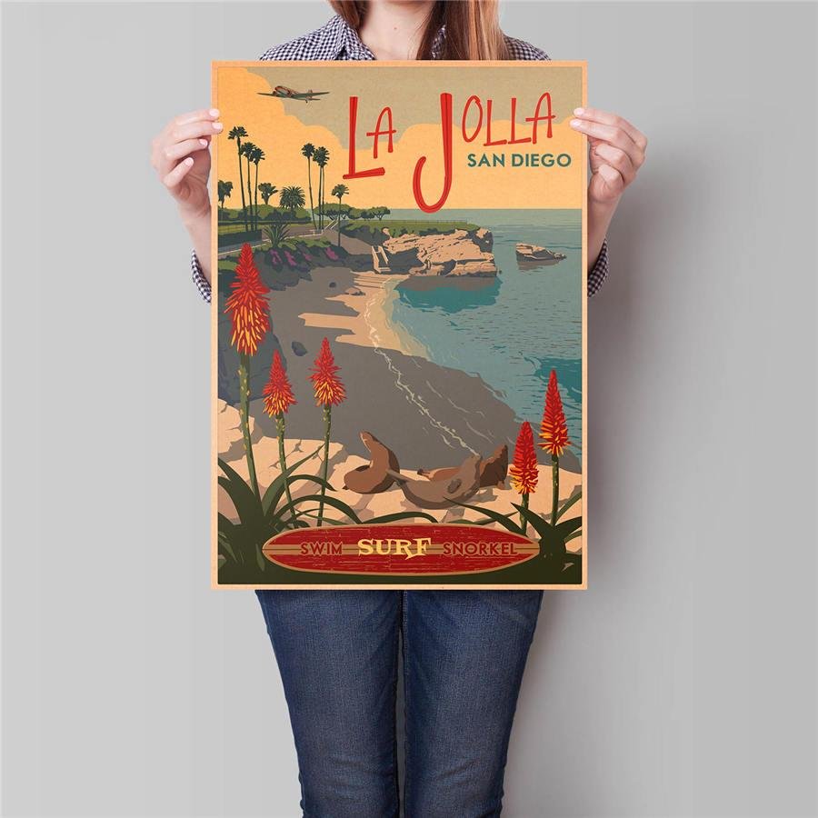 San Diego City Trip Poster Wall Art Sticker Vintage Kraft Paper Poster 42x30cm