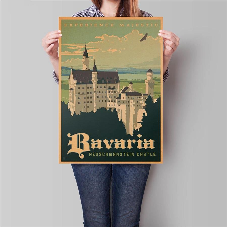 Bavaria Building Poster Hand Painted Drawing Wall Art Sticker Vintage Kraft Paper Poster 42x30cm