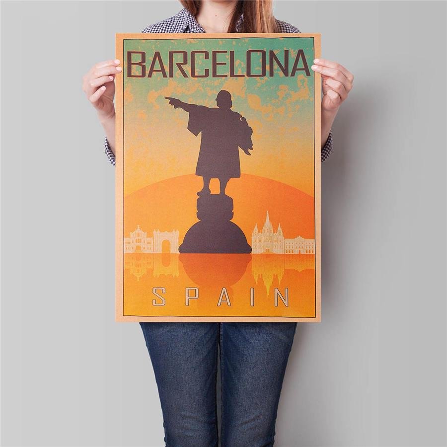 Barcelona City Landscape Poster Hand Painted Drawing Wall Art Sticker Kraft Paper Poster 42x30cm
