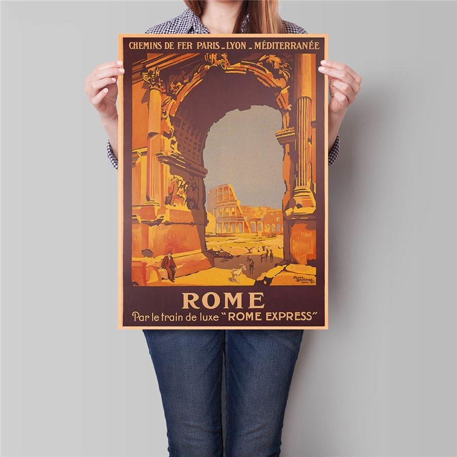 Italy Rome City Travel Poster Hand Painted Tourist Attractions Vintage Kraft Paper Poster 42x30cm