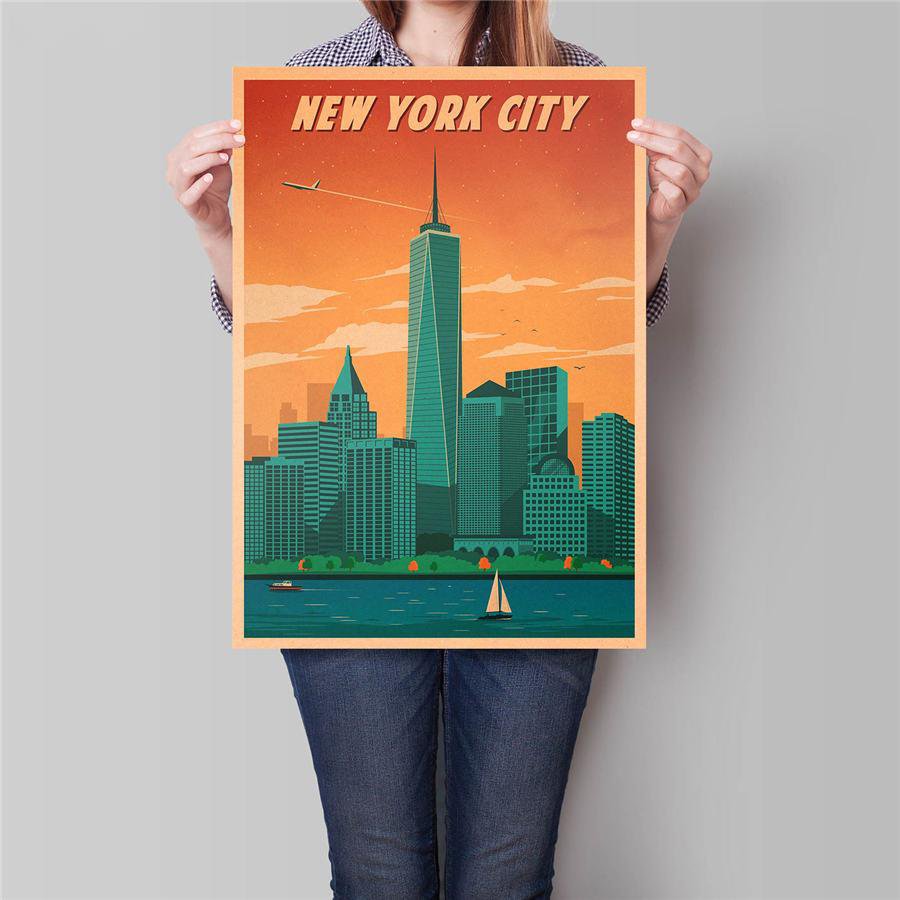 New York City Travel Poster Antique Landscape Painting Vintage Kraft Paper Poster 42x30cm