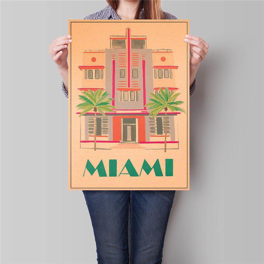 Miami City Travel Poster Hand Painted Tourist Attractions Vintage Kraft Paper Poster 42x30cm