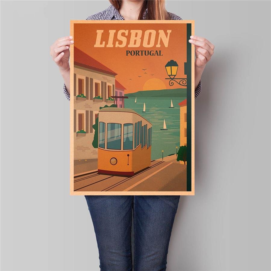 Lisbon City Travel Poster Antique Landscape Painting Vintage Kraft Paper Poster 42x30cm