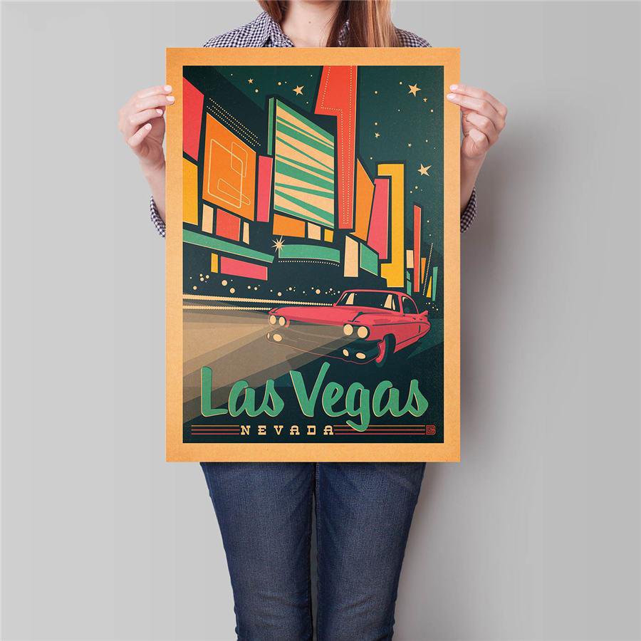 Las Vegas Night Scene Poster Wall Art Sticker Vintage Kraft Paper Poster 42x30cm