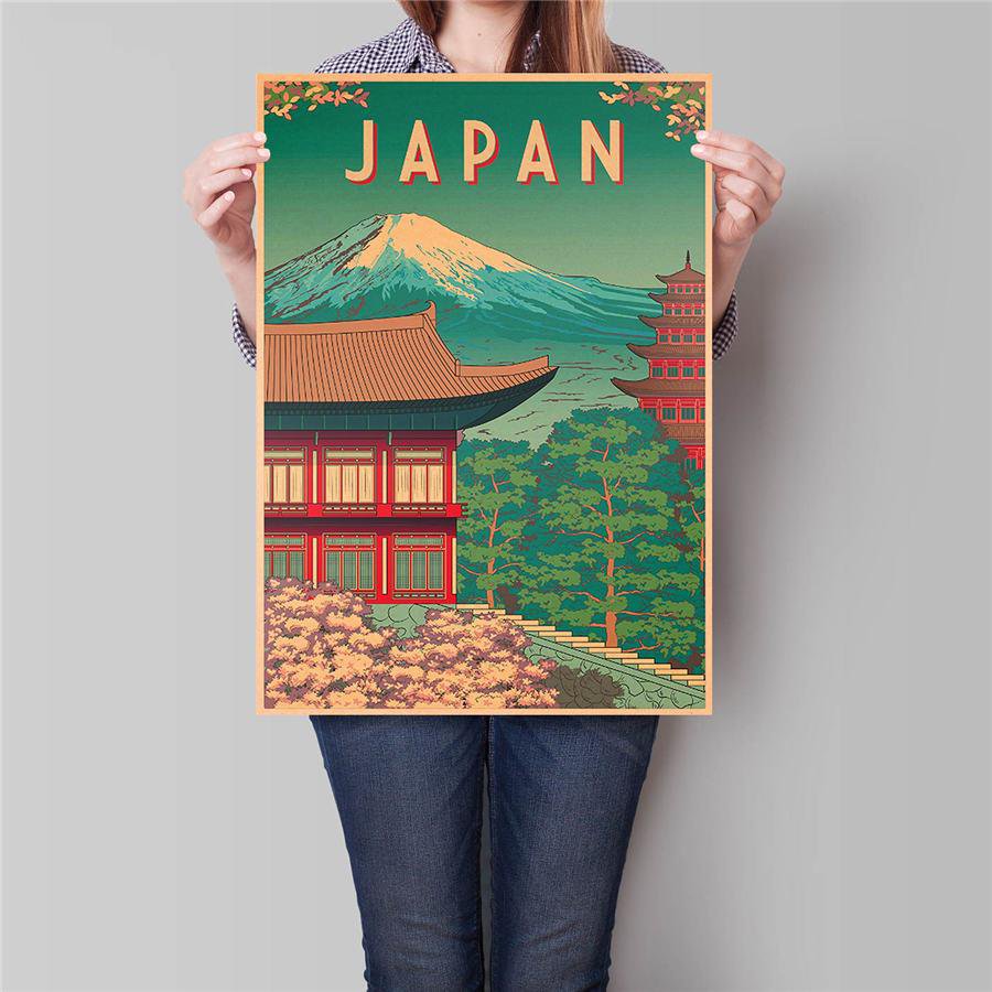Japan City Travel Poster Hand Painted Tourist Attractions Vintage Kraft Paper Poster 42x30cm