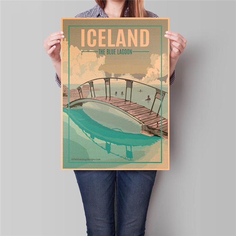 Iceland Trip Landscape Poster Wall Art Sticker Vintage Kraft Paper Poster 42x30cm
