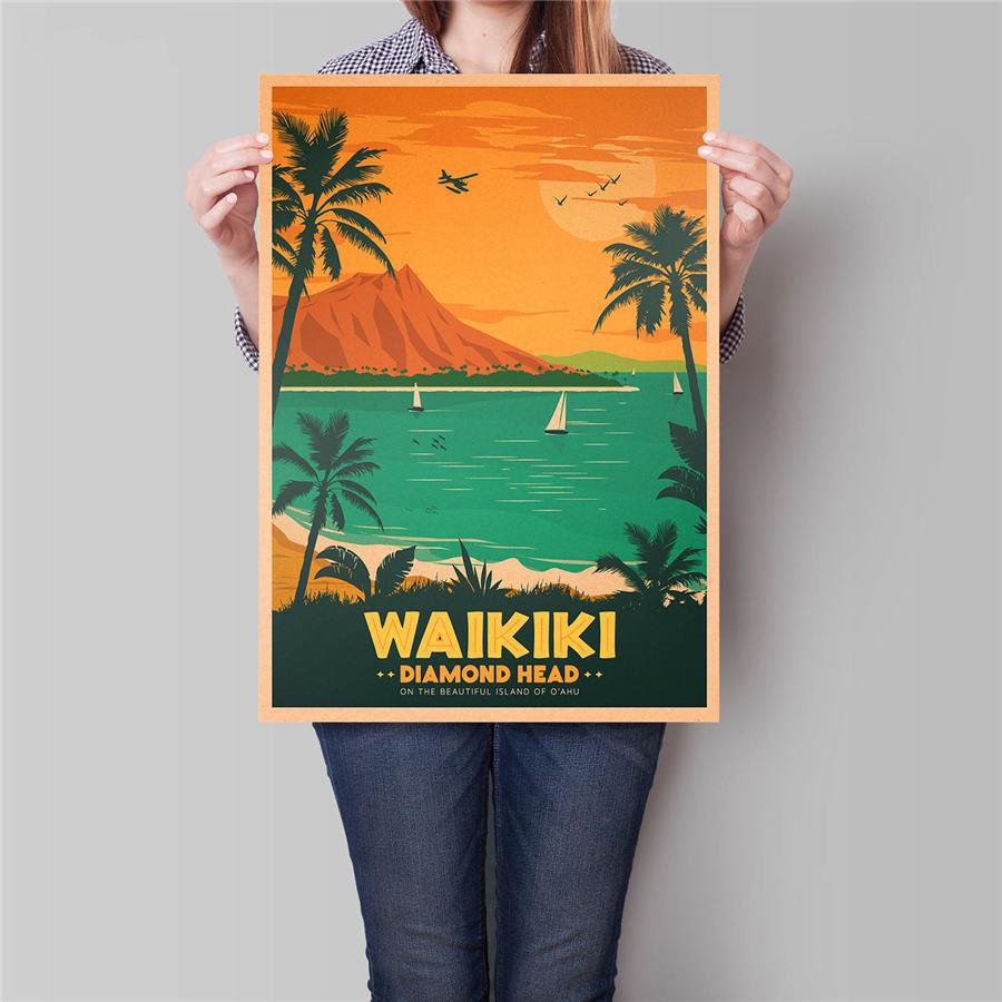 Hawaii Summer Trip Poster Hand Painted Surfing Entertainment Vintage Kraft Paper Poster 42x30cm