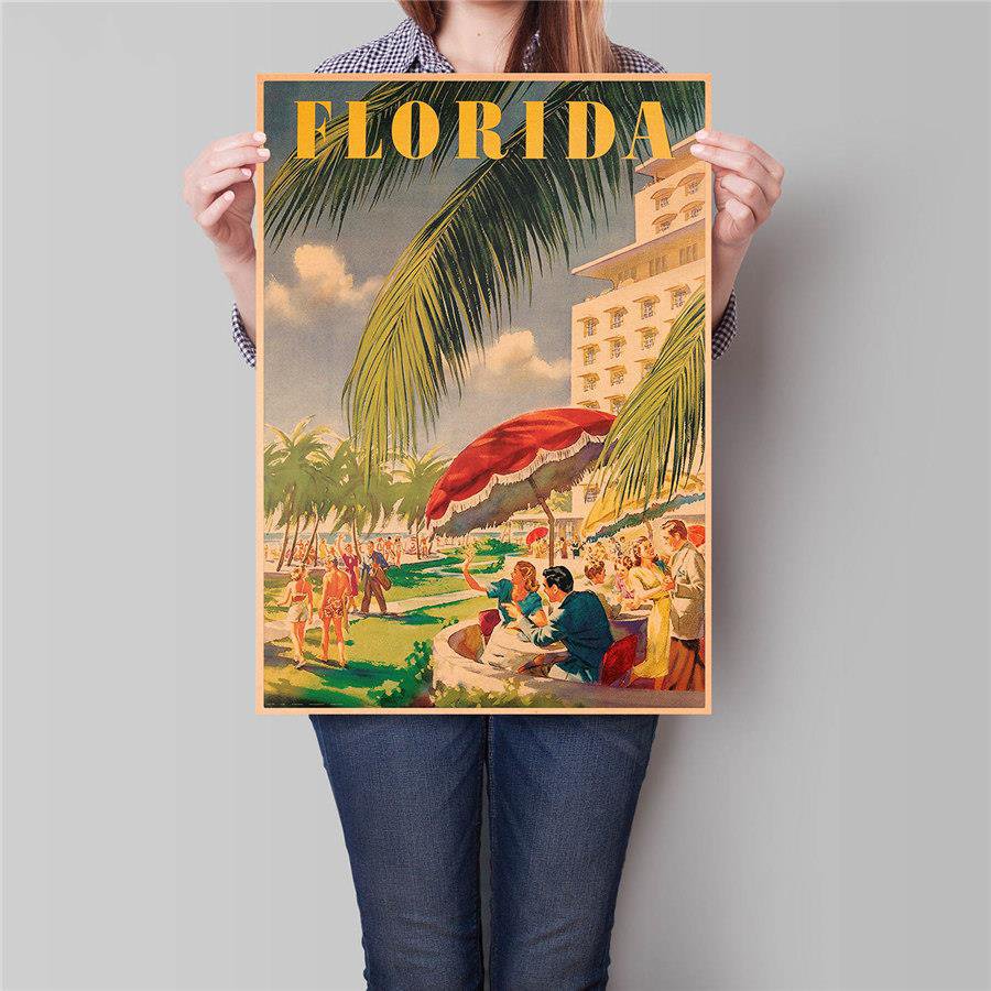 Florida City Travel Poster Antique Landscape Painting Vintage Kraft Paper Poster 42x30cm