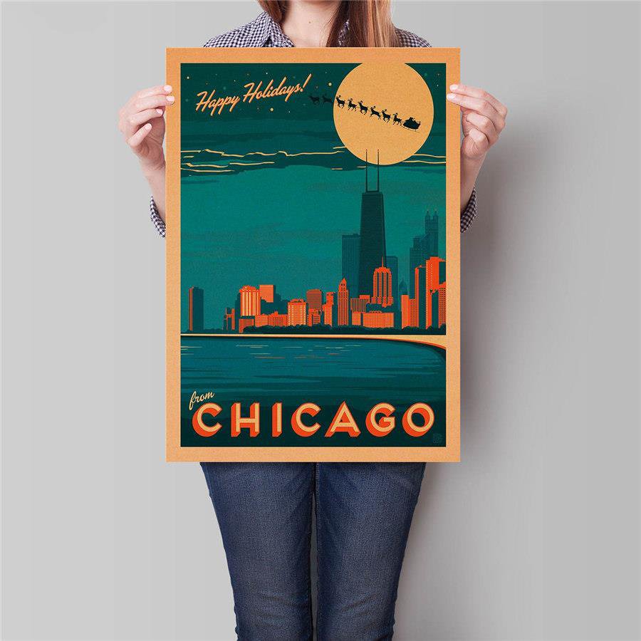 Chicago the Vacation City Poster Wall Art Sticker Vintage Kraft Paper Poster 42x30cm