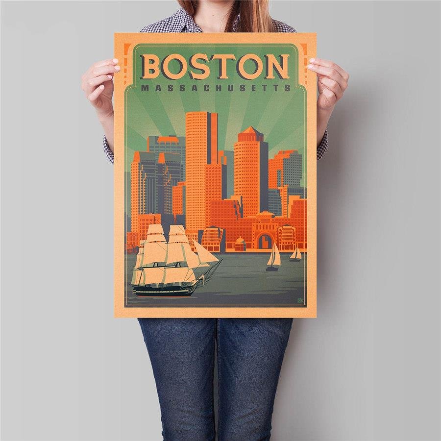 Boston City Travel Poster Hand Painted Tourist Attractions Vintage Kraft Paper Poster 42x30cm