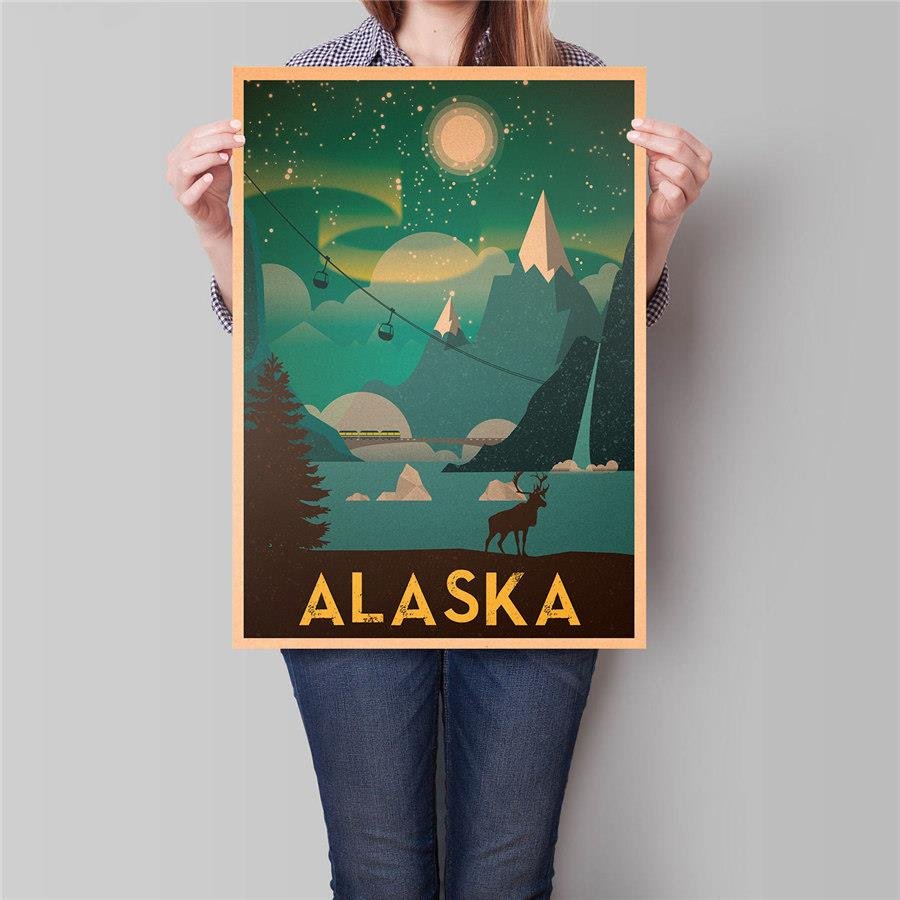 Alaska City Travel Poster Antique Landscape Painting Vintage Kraft Paper Poster 42x30cm
