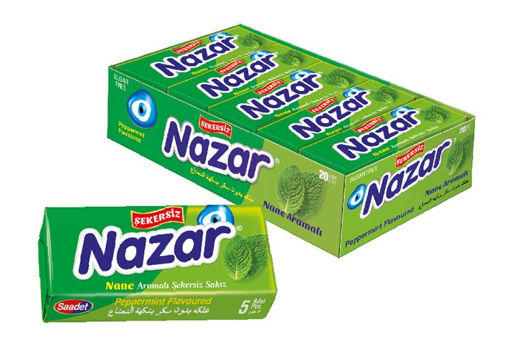 NAZAR TURKISH CHEWING GUM Peppermint Flavoured 5 sticks x 20 packs =100 pieces FREE P&P