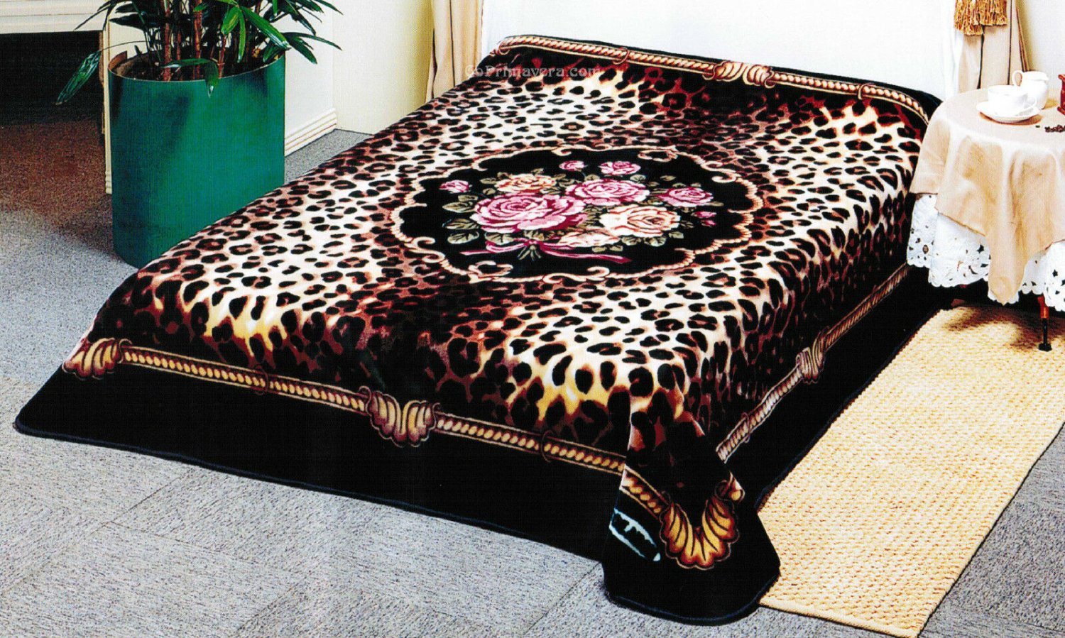 Solaron Classic Leopard Flower Roses Korean Mink King Size Blanket - Black