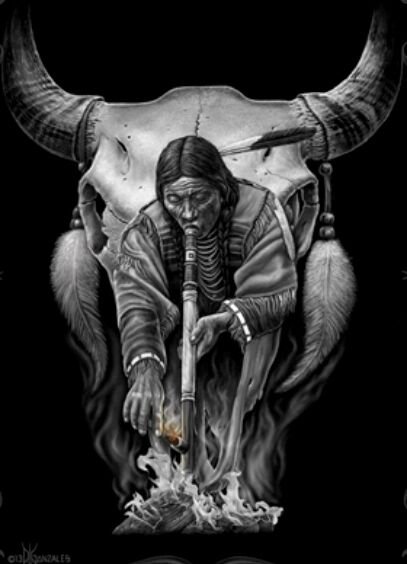 DGA Native American Cow Skull Smoking Pipe Stretched Canvas Wall Art 12x16 Inch