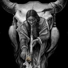 DGA Native American Cow Skull Smoking Pipe Stretched Canvas Wall Art 12x16 Inch