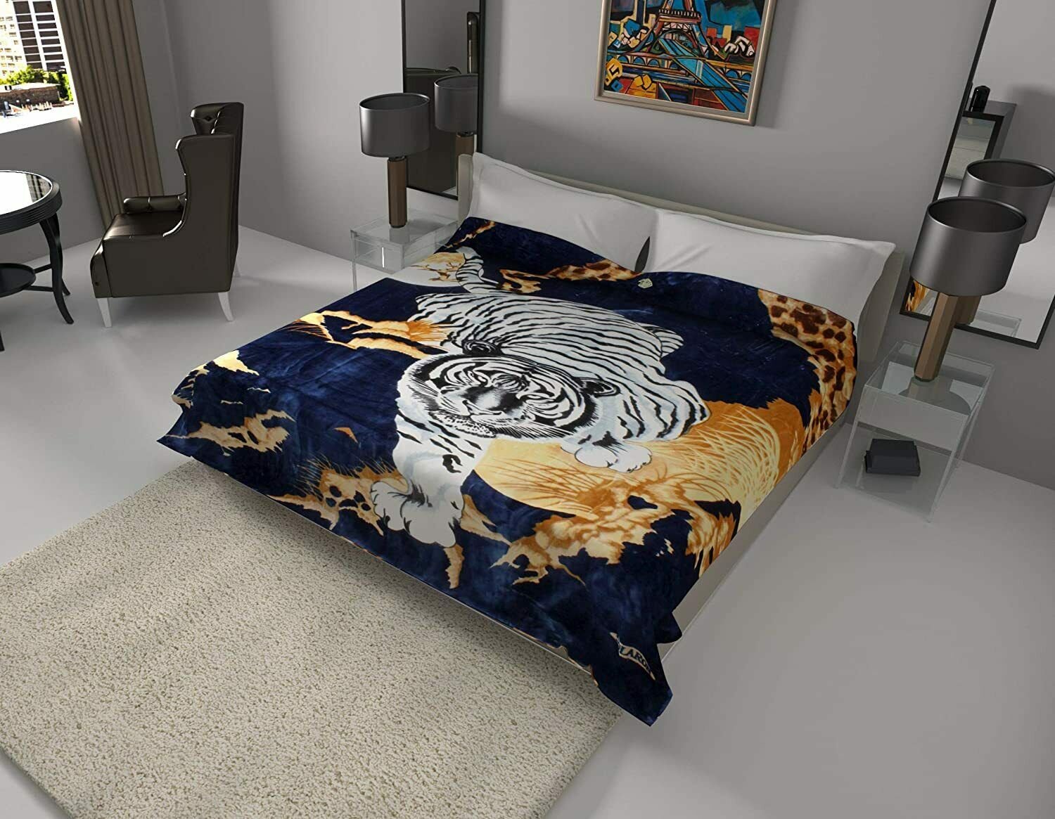 Solaron Classic Crouching Blue White Tiger Korean Style Mink King Size Blanket