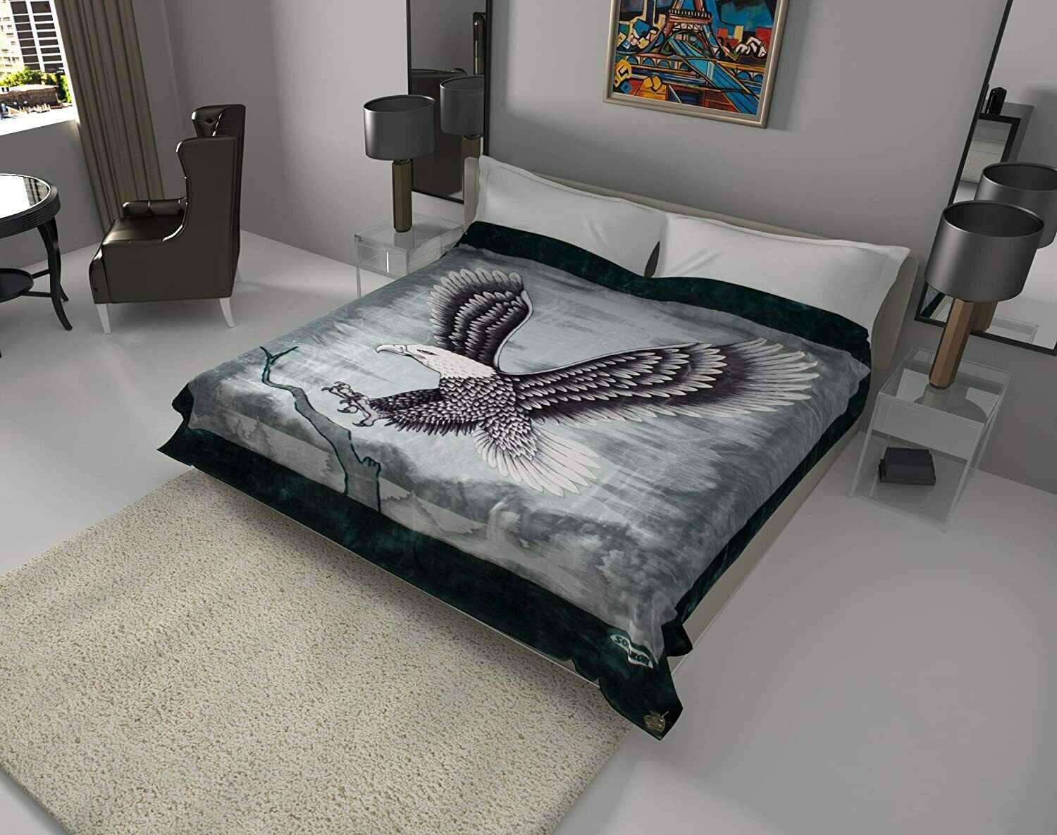Solaron Original Bald Eagle Korean Mink Soft Plush King Size Blanket Green