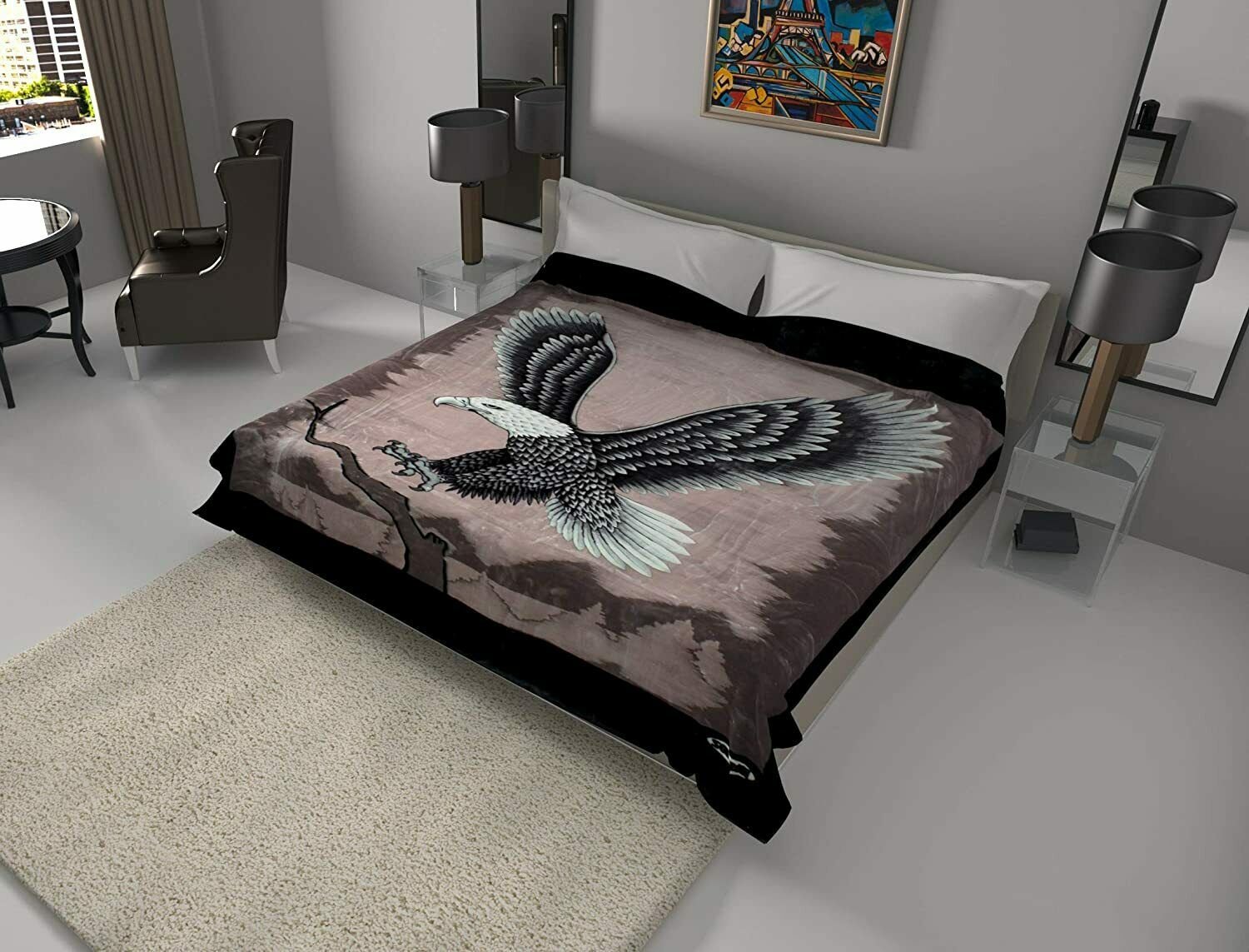 Solaron Original Bald Eagle Korean Mink Soft Plush King Size Blanket Black