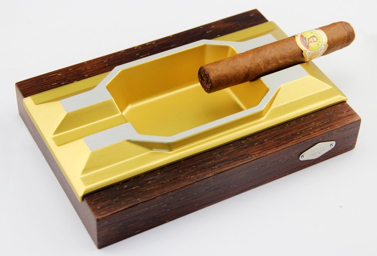 JiFENG Cigarette Ashtray Cigar Ashtray Brown Wood Body Metal Cigar Holers 2 Slot Cigars