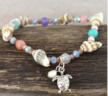 TURTLE CHARM MULTI-COLOR AND SHELL BEADED BRACELET