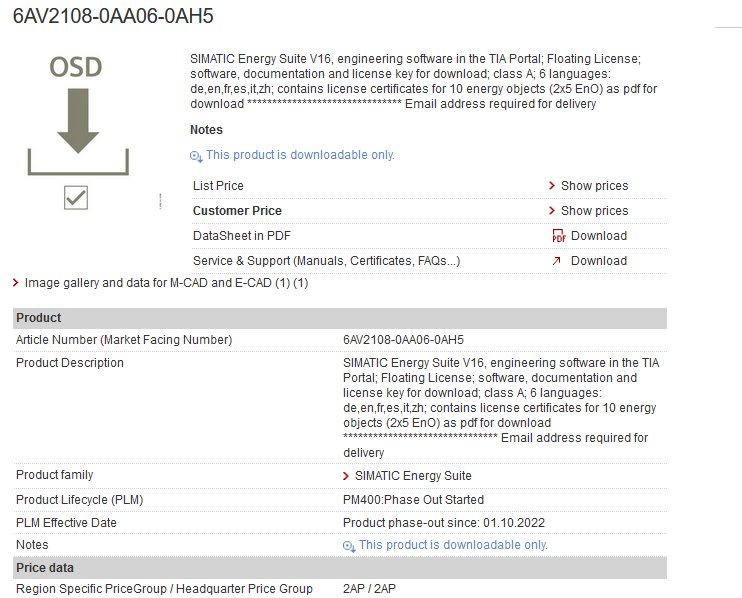 SIMATIC Energy Suite V16 software in the TIA Portal 6AV2108-0AA06-0AH5  License
