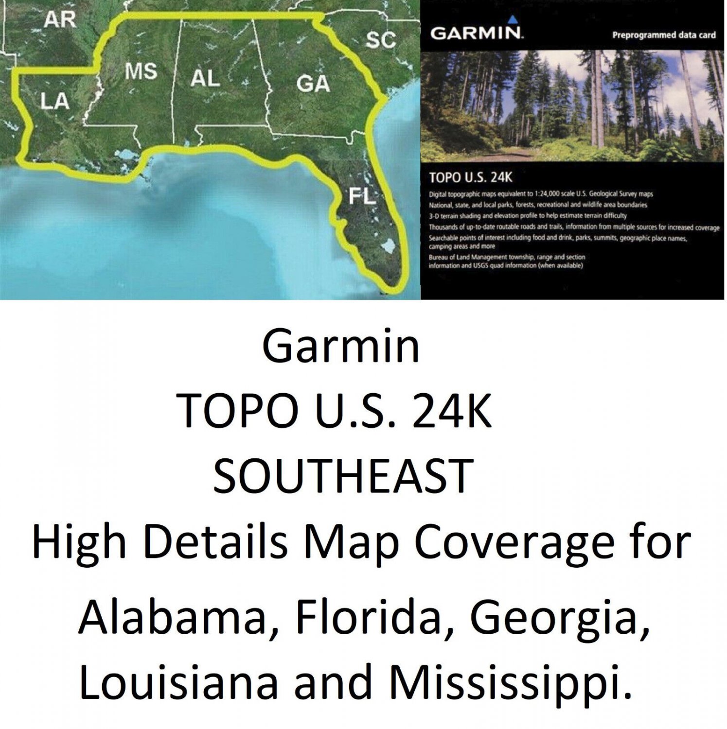 TOPO US 24K Southeast microSD / SD Map Card covers LA, MS, AL, GA, FL