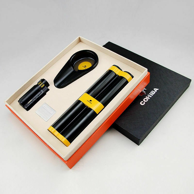 Spectacular Designer Black/Yellow Dual Torch Lighter/Humitube/Ashtray Gift Set $150 Value
