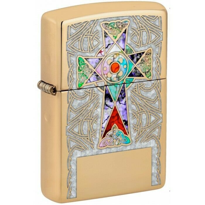 Zippo Lighter: Fusion Cross with Initial Panel - High Polish Brass FREE U.S Shipping