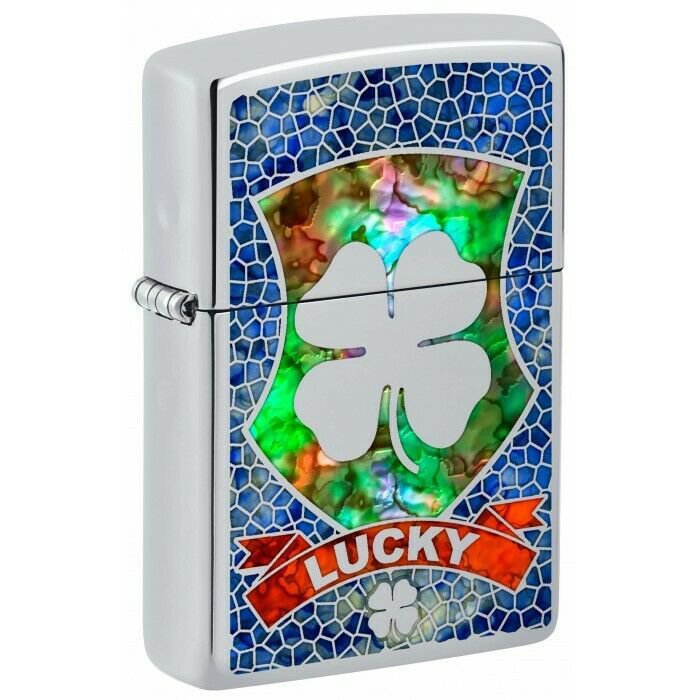 Zippo Lighter: Fusion Lucky Four Leaf Clover - High Polish Chrome FREE U.S Shipping