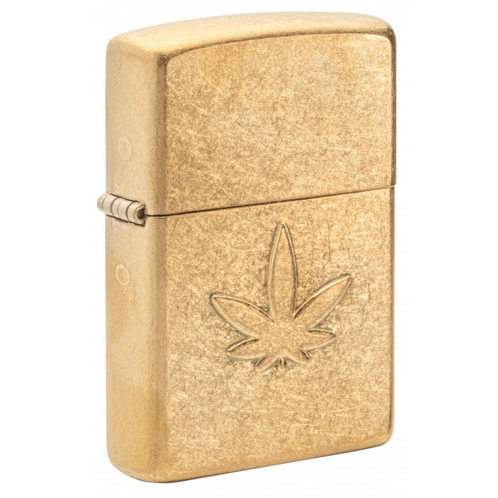 Zippo Lighter: Stamped Weed Leaf - Tumbled Brass FREE U.S Shipping