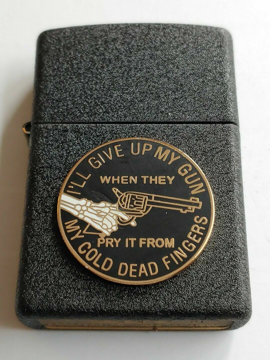 BLACK CRACKLE  I'LL GIVE UP MY GUN WHEN THEY PRY IT..Emblem Zippo Lighter FREE U.S. SHIPPING