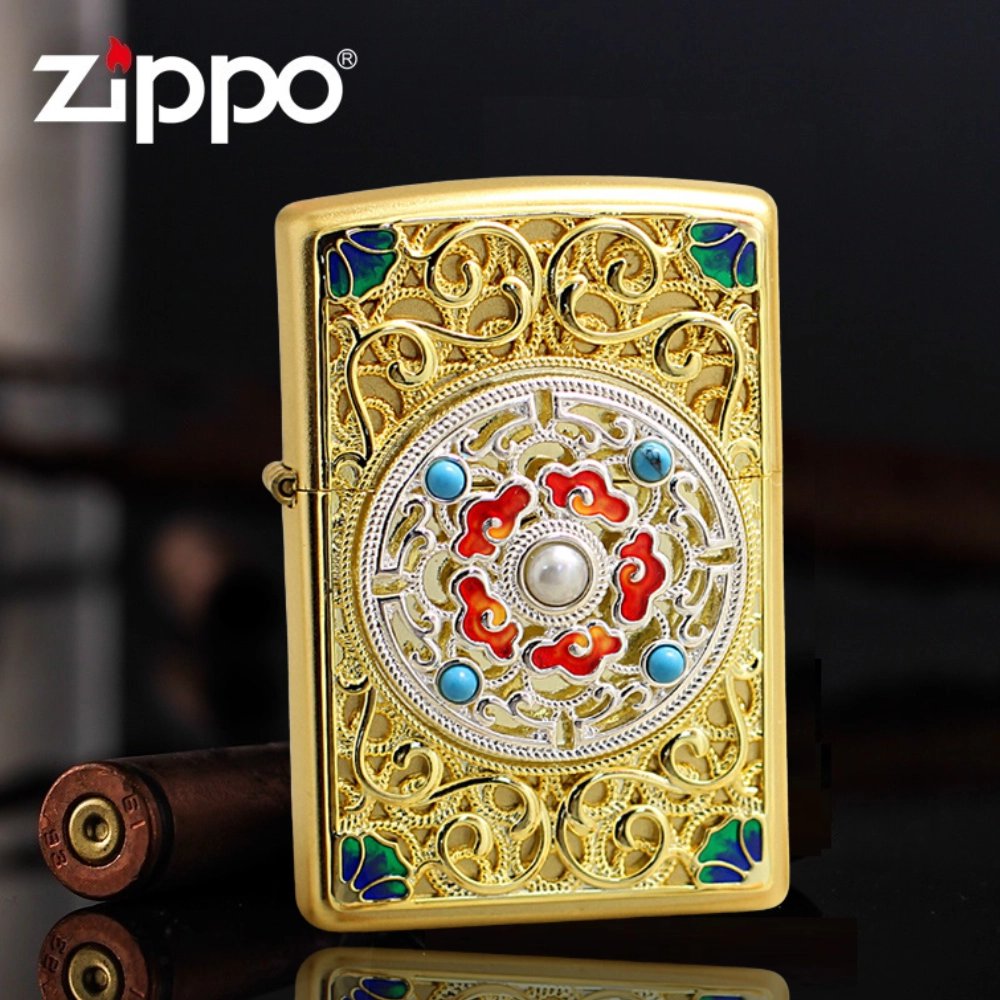 Frosted Gold Filigree Auspicious Cloud Turning Compass Zippo Lighter