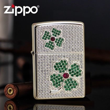 Full Diamond Crystal Clover Leaf Lucky Zippo Lighter