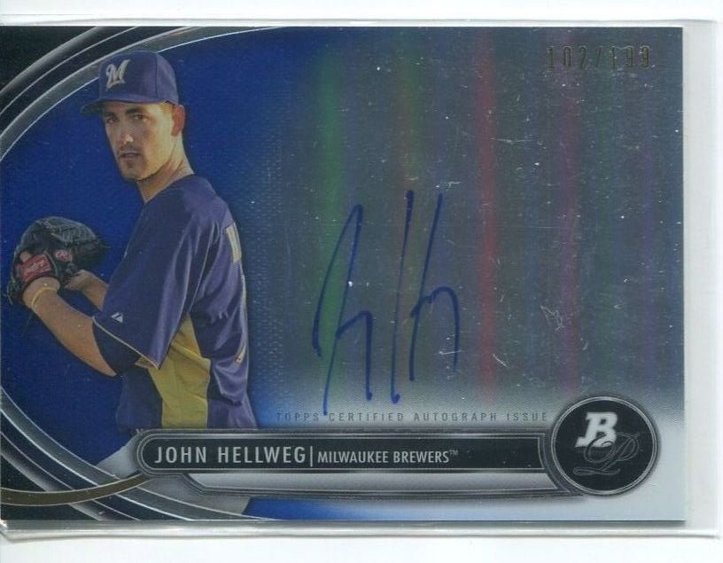 JOHN HELLWEG AUTOGRAPH BLUE REFRACTOR RC SER# 102/199 2013 Bowman Platinum