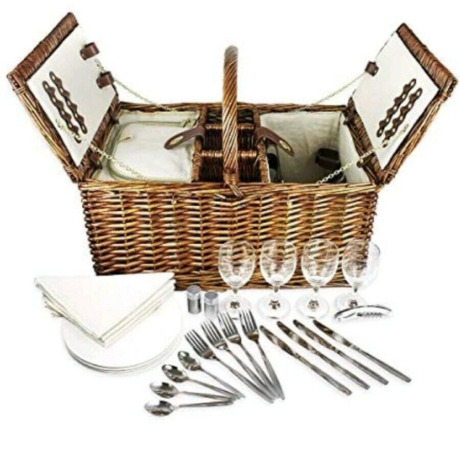 Double Lid Wicker Food Basket 4 Person Picnic Set Silverware Glasses