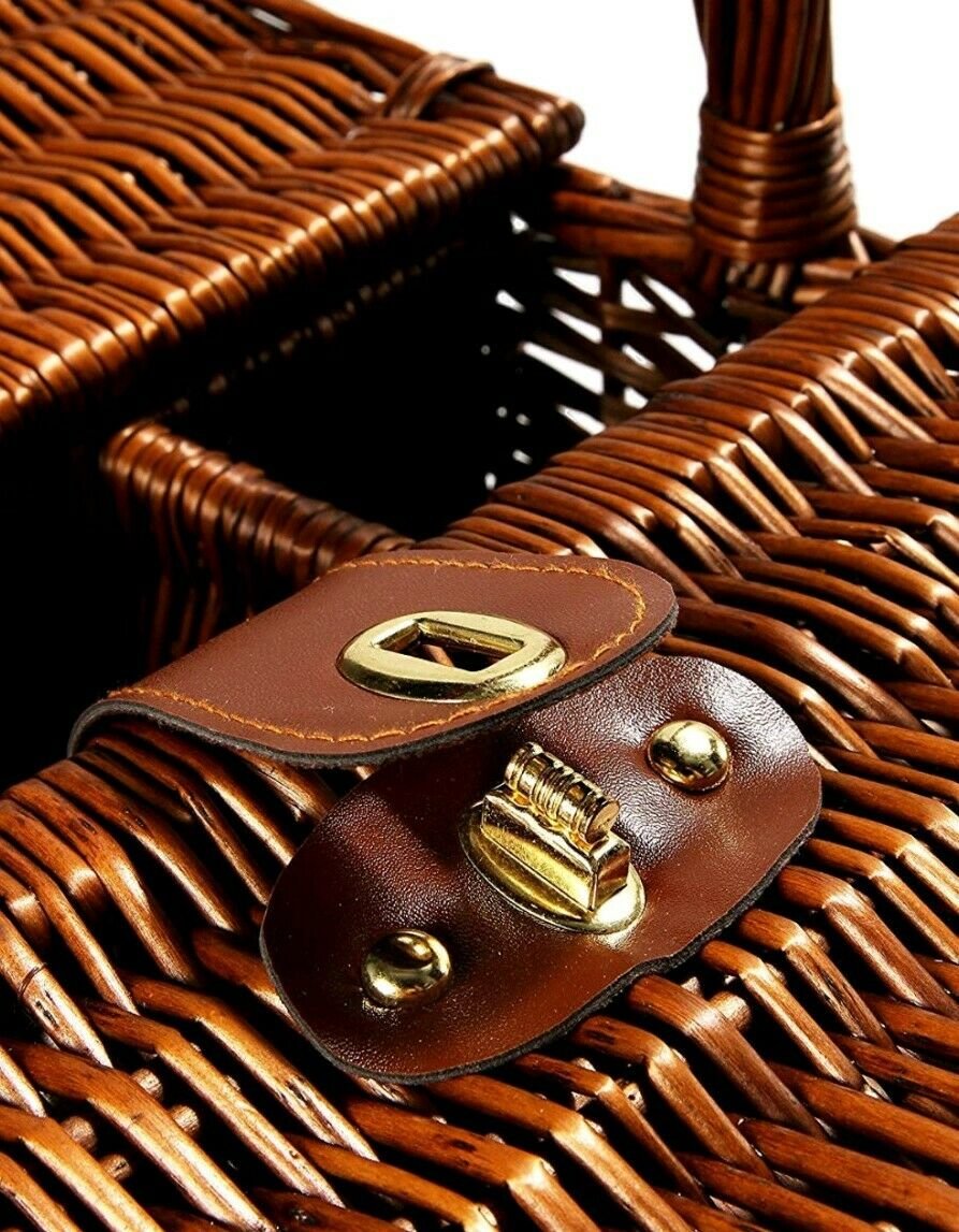 Double Lid Wicker Food Basket 4Person Picnic Set Silverware Glasses Cooler Larg