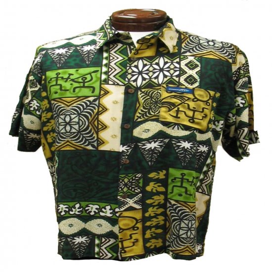 Green Tribal Tapa Print Hawaiian Aloha Shirt