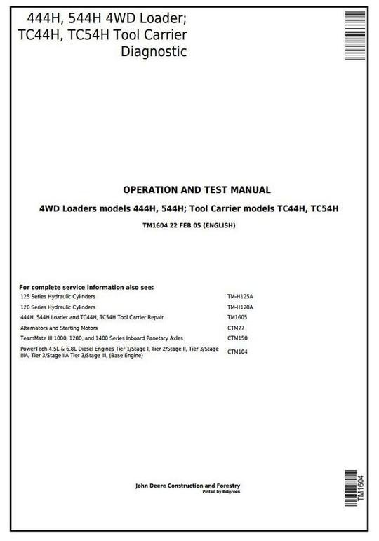 PDF John Deere 444H, 544H, 4WD Wheel Loader, TC44H, TC54H Operation and Test Service Manual TM1604