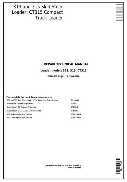 PDF John Deere 313, 315, CT315 Skid Steer, Compact Loader Service Repair Technical Manual TM10608