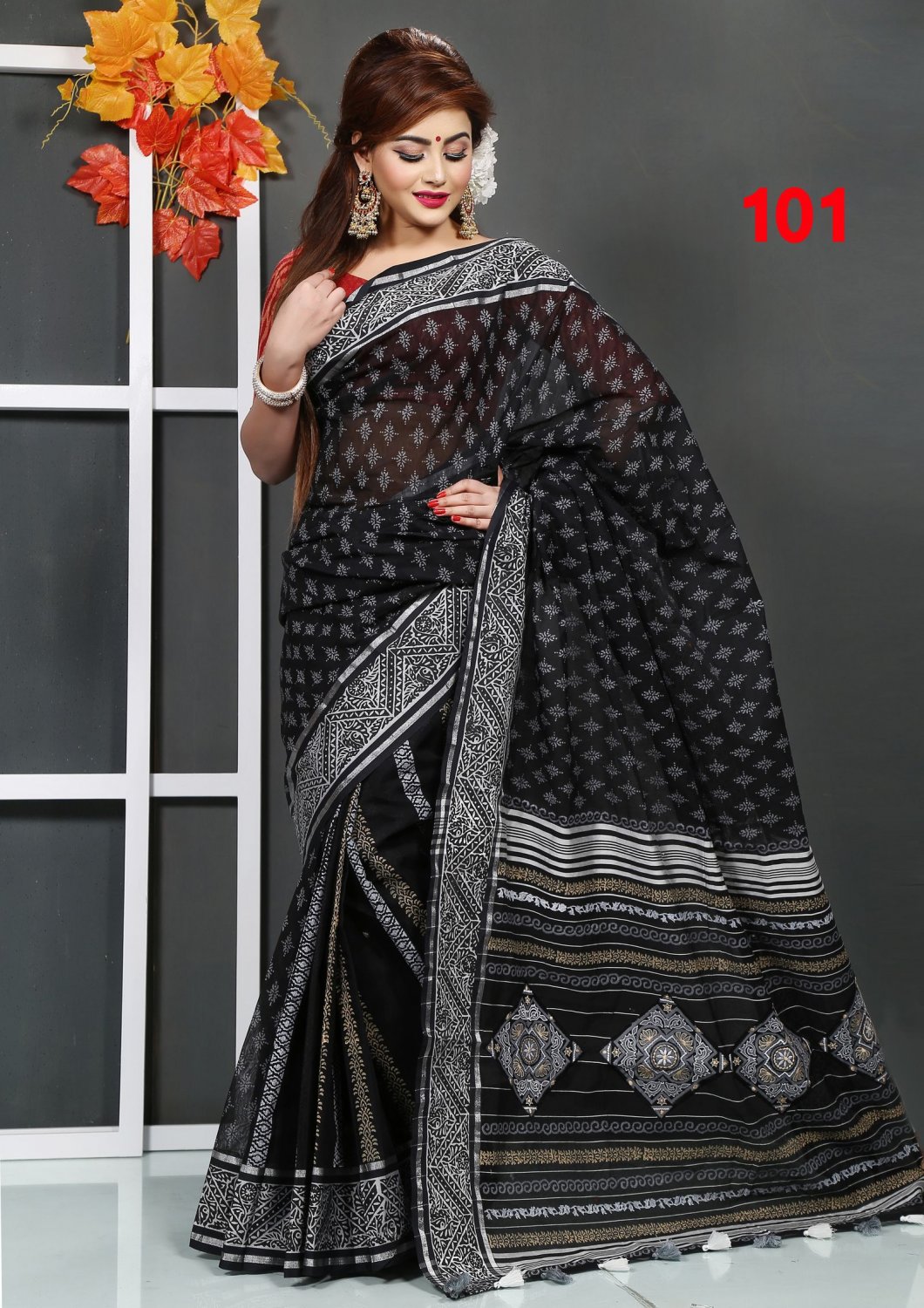 Black with White Multi Design Saree