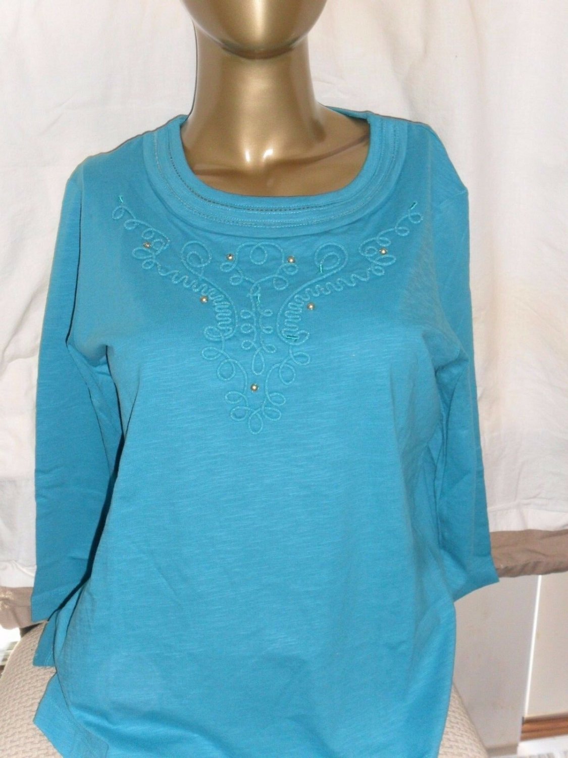 Women's Scroll Pattern Neckline Pullover 3/4 Sleeve Small Teal - NEW!
