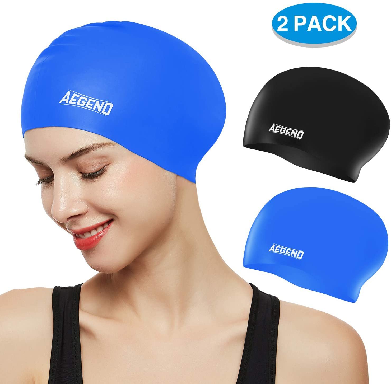aegend Swim Caps for Long Hair (2 Pack), Durable Silicone Swimming Caps
