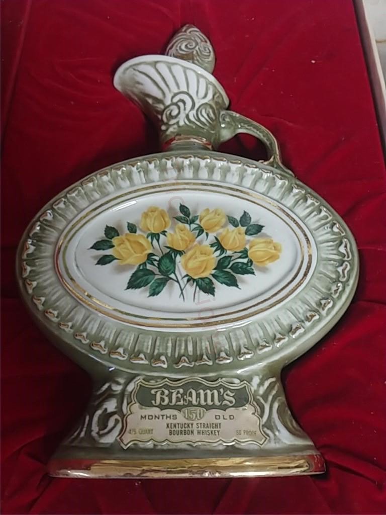 Vintage 1969 Jim Beam Decanter/Bottle In Case; Beam 150 months Yellow Roses
