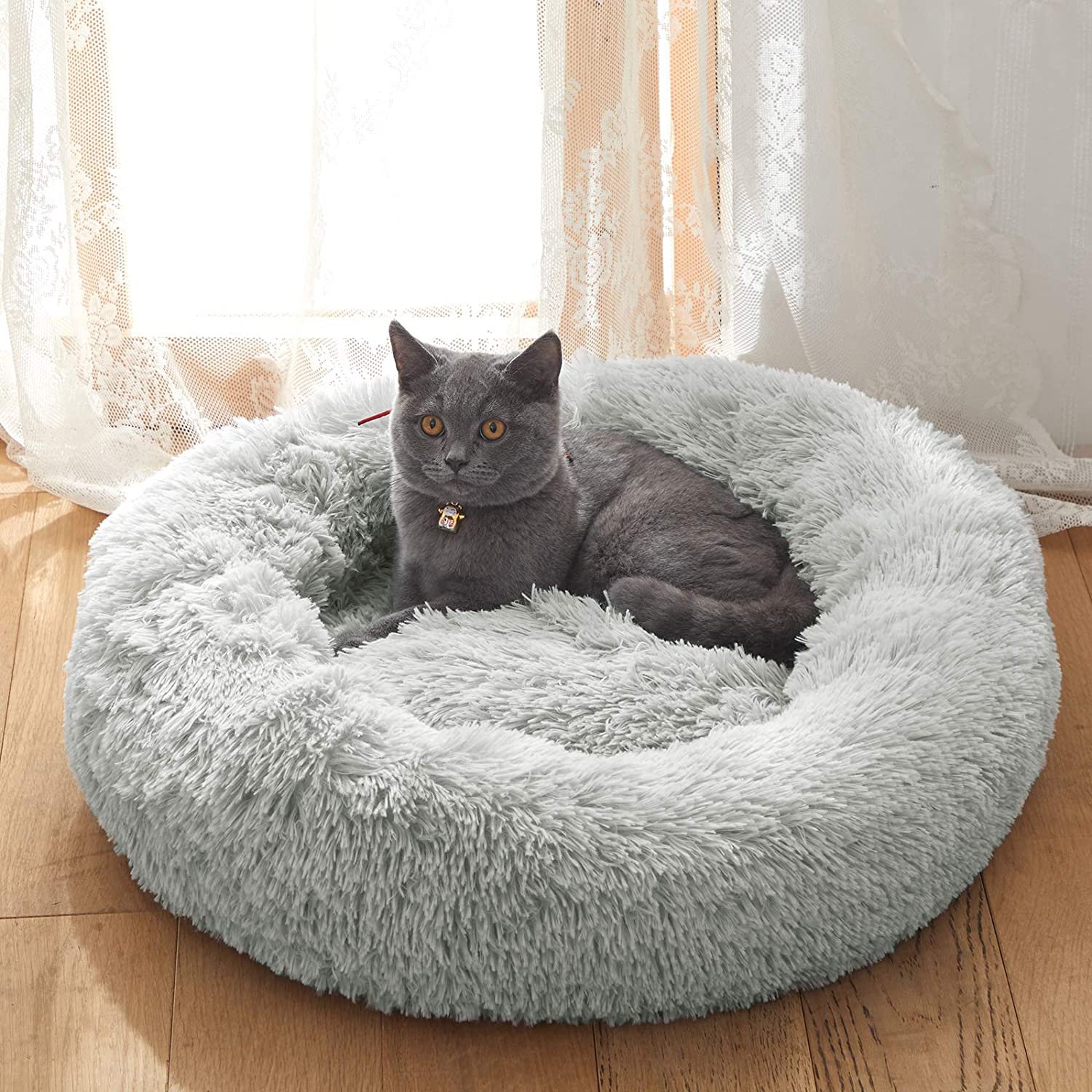 Plush Faux Fur Round Pet Dog Bed, Comfortable Fuzzy Donut Cuddler ...