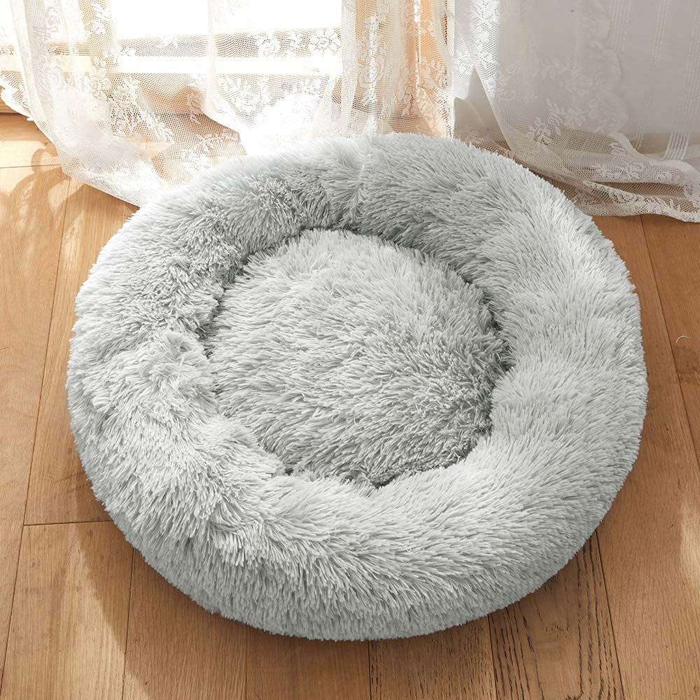 Plush Faux Fur Round Pet Dog Bed, Comfortable Fuzzy Donut Cuddler