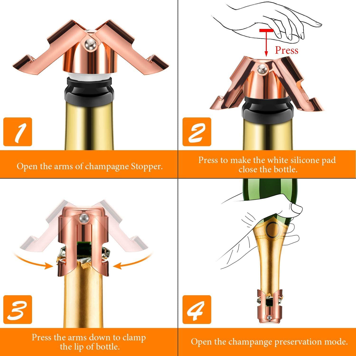 Champagne Bottle Plug Sealer Set, 4pc, Rose Gold, Stainless Steel
